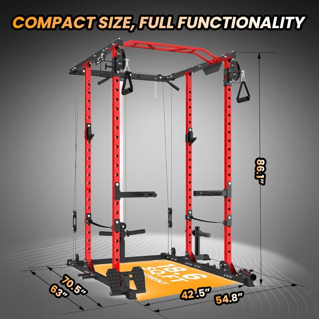 2000 Lbs Power Cage for Home Gym Squat Rack with Cable Cross-Over System  LAT Pull Down Workout Cage Strength Training Weight Cage for Multiple Functions and Exercise, Black and Red