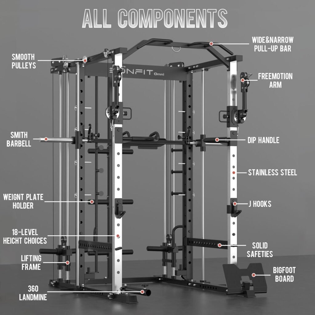 E5 MUL-Function Power Cage Squat Rack with 360°Adjustable Cable Crossover Machine, Two LAT Pull-Down Systems, Training Equipment with More Attachments for Home Gym