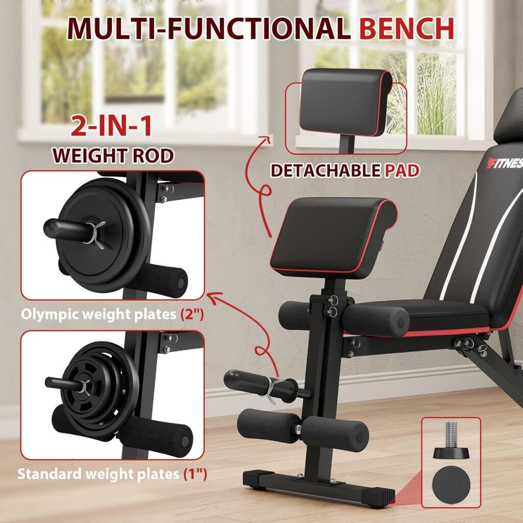 Foldable Workout Bench, Adjustable Weight Bench with Leg Extension, Preacher Pad, Extended Headrest, 880LBS Collapsible Bench for Home Gym Full Body Workout Strength Training Banco de Pesas