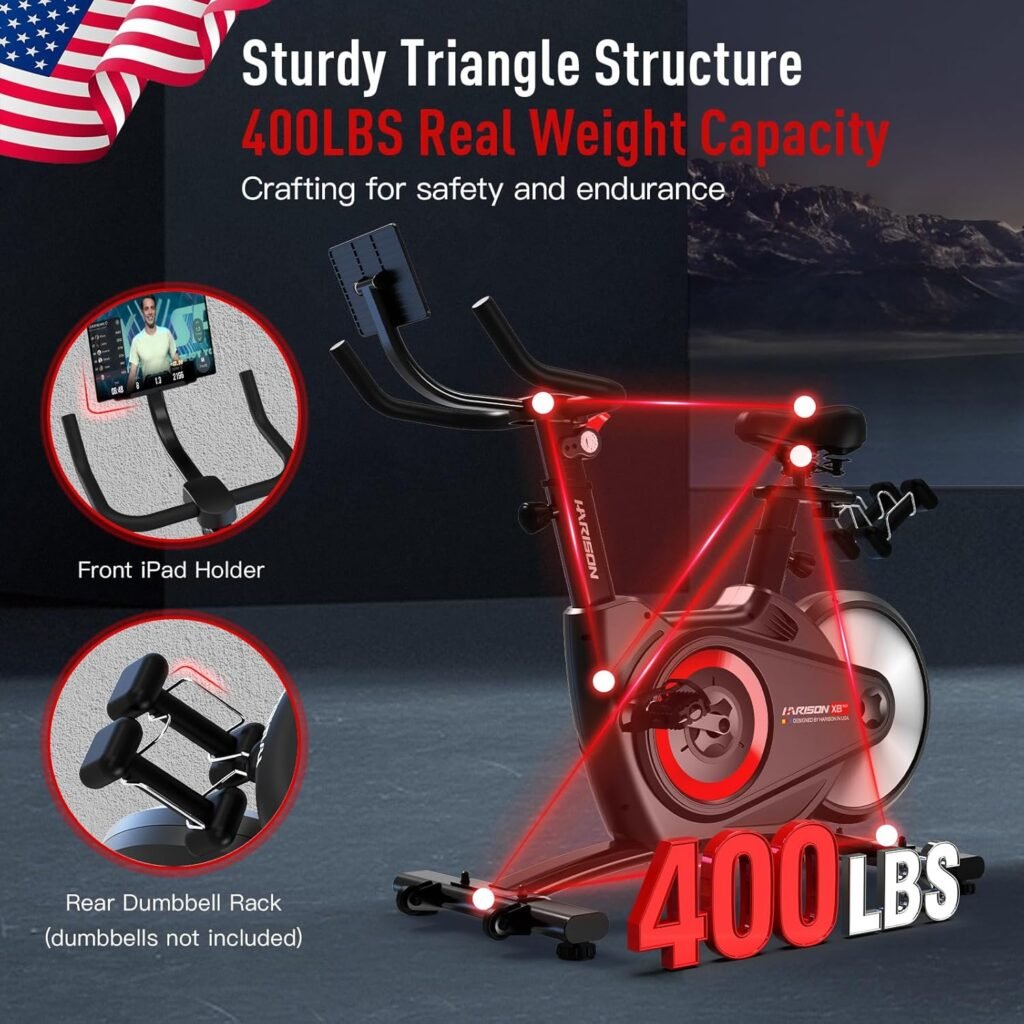 HARISON Semi-Commercial Exercise Bike 400 lbs Capacity, Magnetic Stationary Bikes for Home Gym with Bluetooth  Tablet Holder  Comfortable Seat Cushion