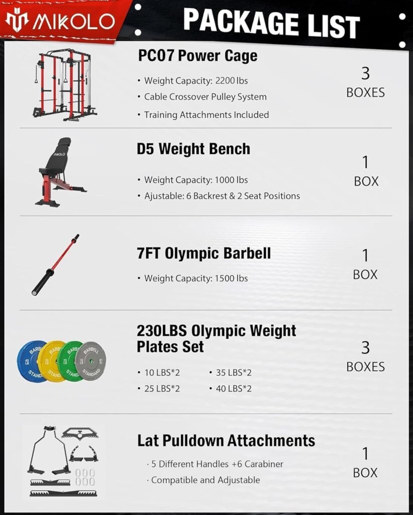 Mikolo Power Cage, Power Rack with Cable Crossover System, 2200 LBS Capacity Squat Rack and Packages with Optional Weight Bench, Olympic Barbell Bumper Weight Set