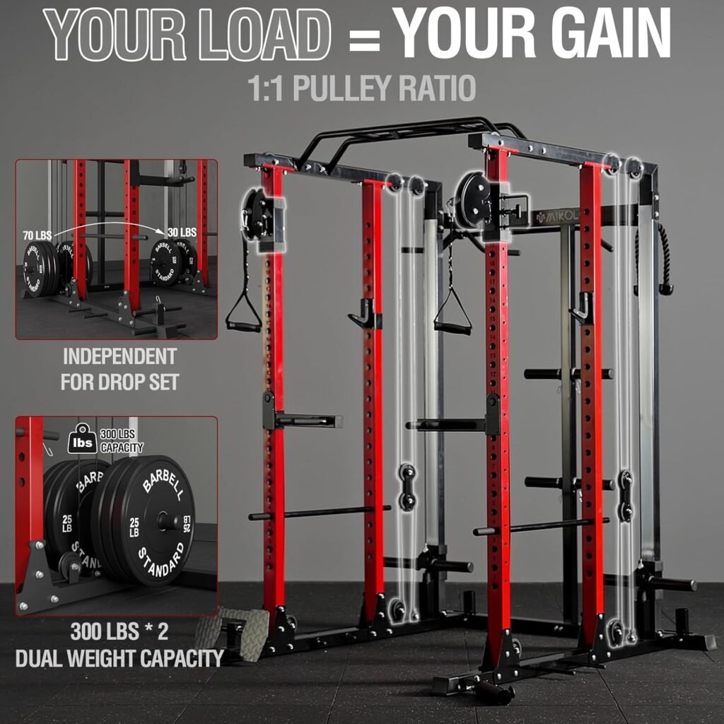 Mikolo Power Cage, Power Rack with Cable Crossover System, 2200 LBS Capacity Squat Rack and Packages with Optional Weight Bench, Olympic Barbell Bumper Weight Set