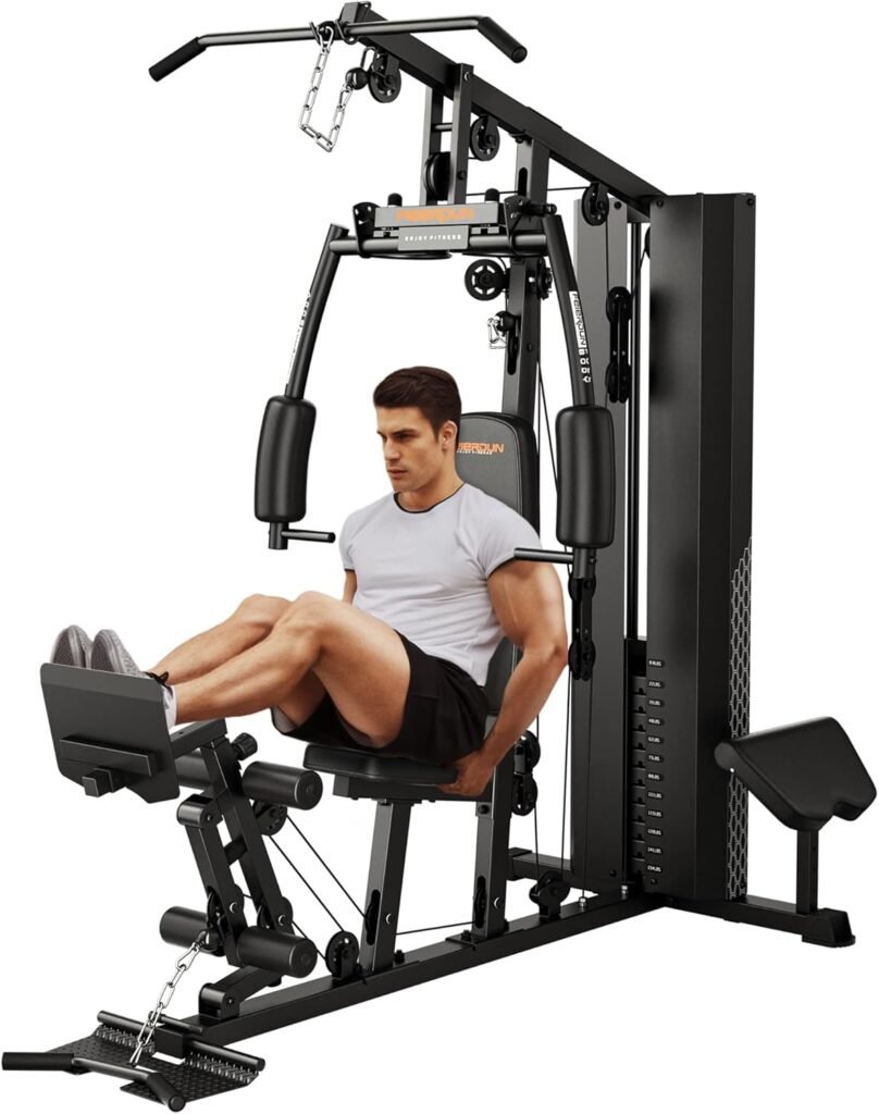Multi-Functional Home Gym, Workout Equipment with Leg Press and Preacher curl, Home Gym Equipment for Full Body Workouts with Pulley System