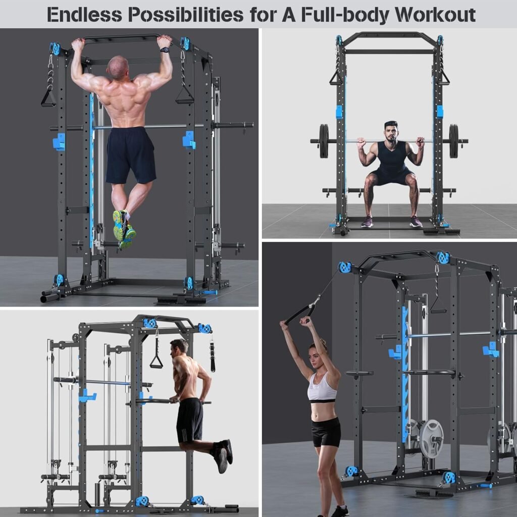 Multifunctional Power Cage Rack with Cable Crossover/Smith Machine System, LAT-Pull Down System,Squat Rack and More Training Attachments for Home Gym