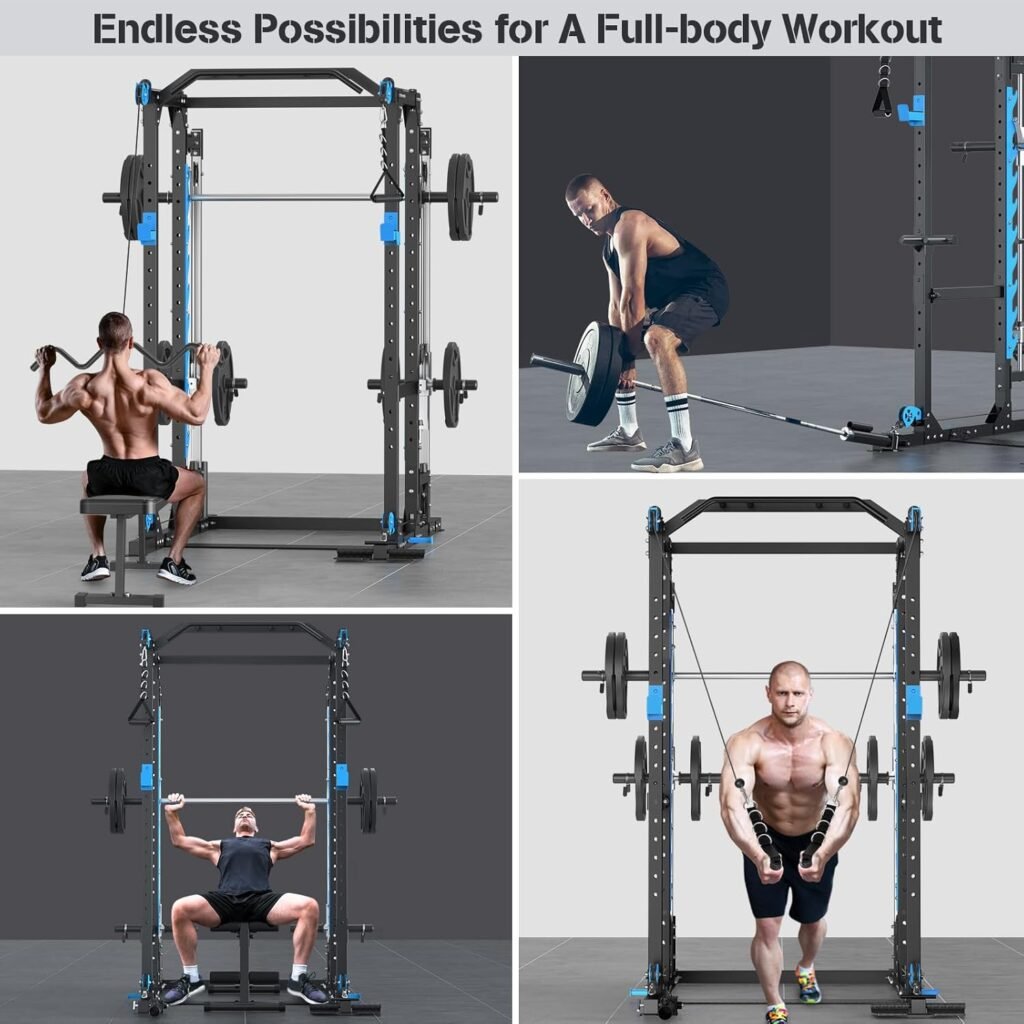 Multifunctional Power Cage Rack with Cable Crossover/Smith Machine System, LAT-Pull Down System,Squat Rack and More Training Attachments for Home Gym