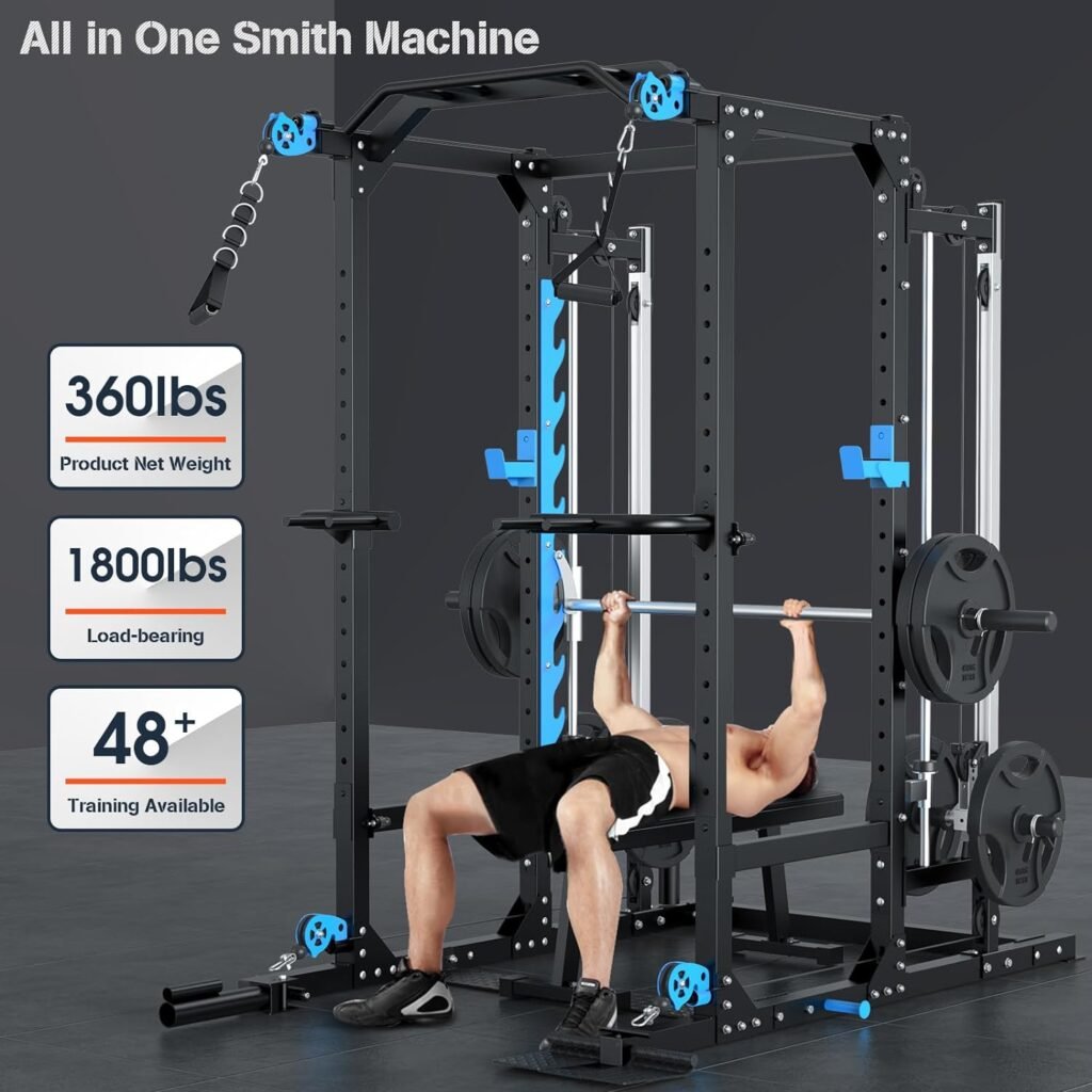 Multifunctional Power Cage Rack with Cable Crossover/Smith Machine System, LAT-Pull Down System,Squat Rack and More Training Attachments for Home Gym