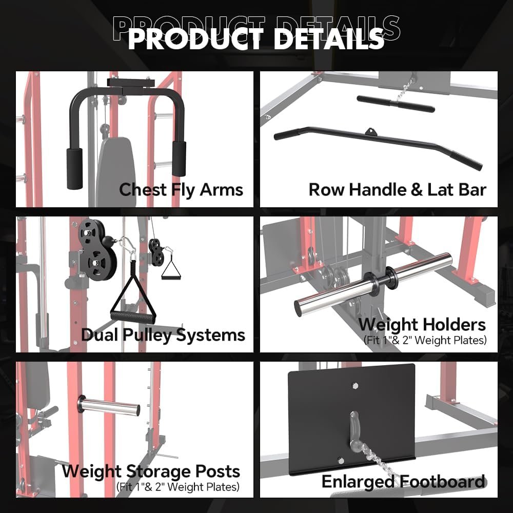 SPART Multi-Functional Power Cage, Power Rack Smith Machine with LAT Pulldown, PEC Fly, Cable Crossover, Landmine, Squat Rack with Full Body Training Attachments, Strengh Workout Machine for Home Gym