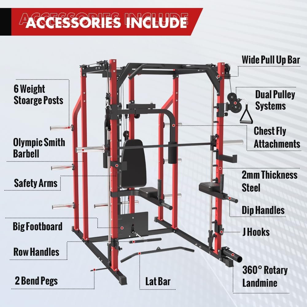 SPART Multi-Functional Power Cage, Power Rack Smith Machine with LAT Pulldown, PEC Fly, Cable Crossover, Landmine, Squat Rack with Full Body Training Attachments, Strengh Workout Machine for Home Gym