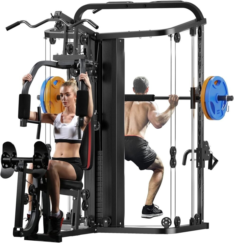 SunHome Multifunction Home Gym System Workout Station,Smith Machine with 138LB Weight Stack, Leg Press, LAT Station for Full Body Training