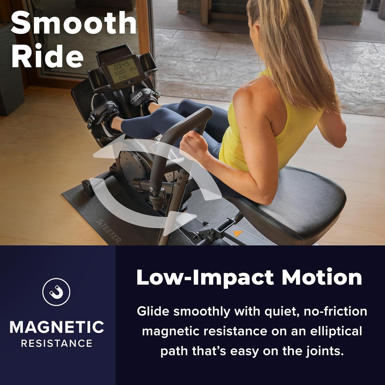 Teeter Power10 Rower with 2-Way Magnetic Resistance Elliptical Motion - Indoor Rowing Machine w/Bluetooth HRM Connectivity, Teeter Move App - Free Classes  Coaching