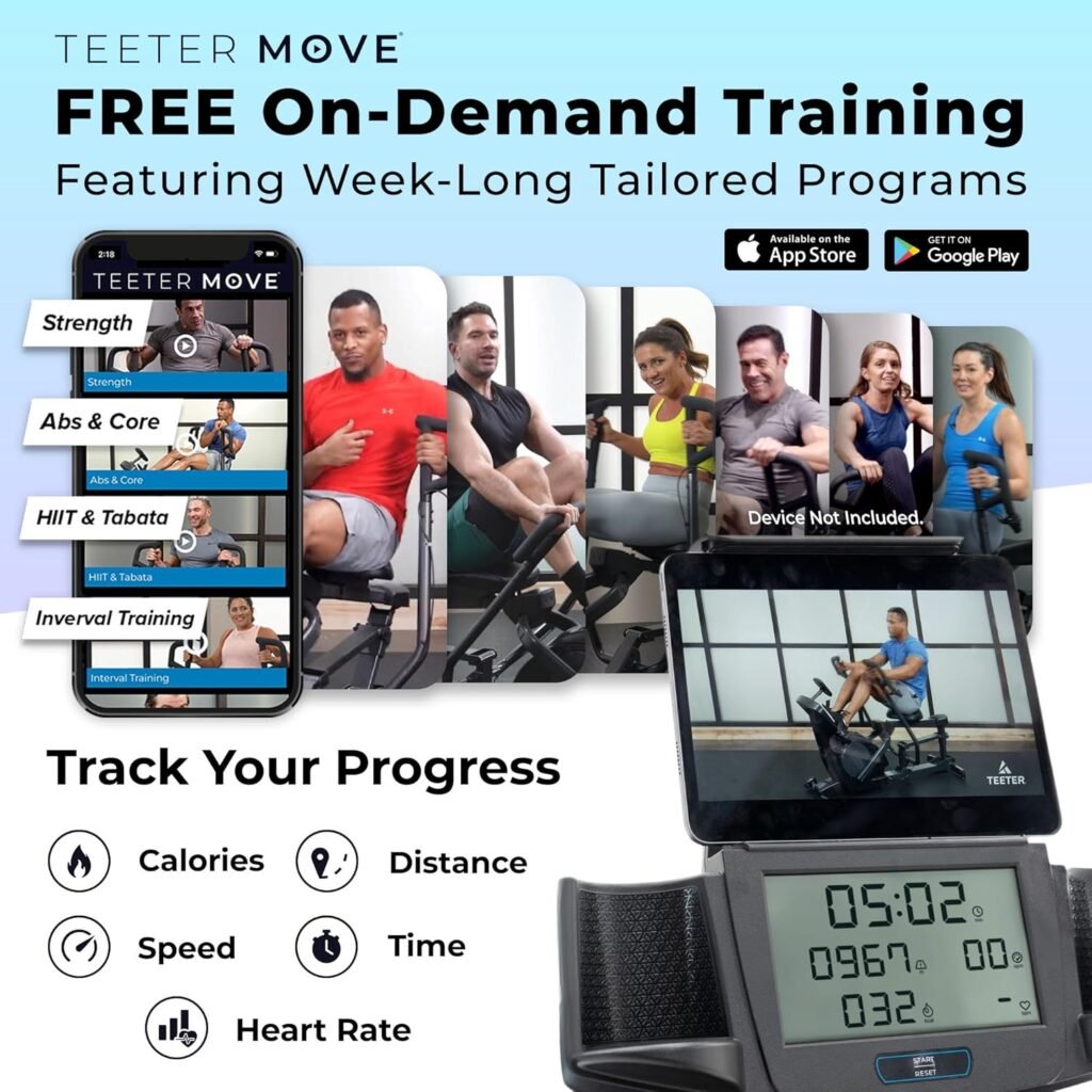 Teeter Power10 Rower with 2-Way Magnetic Resistance Elliptical Motion - Indoor Rowing Machine w/Bluetooth HRM Connectivity, Teeter Move App - Free Classes  Coaching