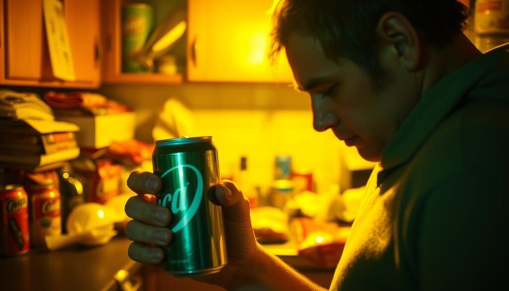 A cluttered kitchen counter with a variety of unhealthy snacks and sugary drinks, set against a dimly lit, cluttered background. The scene is bathed in a warm, golden light, creating a sense of lethargy and fatigue. In the foreground, a person's hand grasps a soda can, while their face is obscured, suggesting the physical and mental sluggishness associated with a slowing metabolism. The overall atmosphere conveys the gradual, insidious nature of a slowing metabolism, where poor dietary choices and lack of physical activity contribute to a decline in energy and well-being.