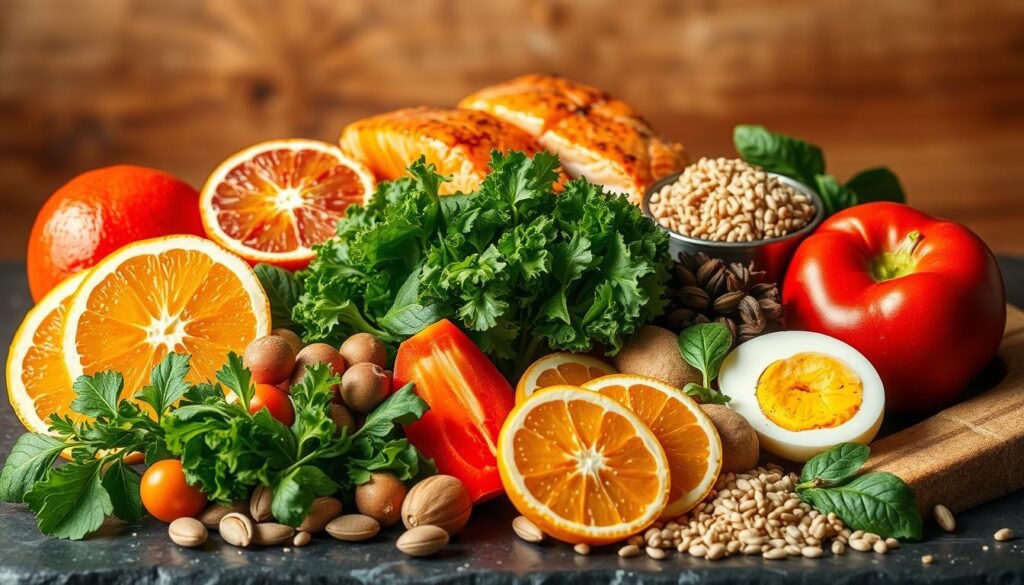 A vibrant still life composition depicting a selection of metabolism-boosting foods. In the foreground, a variety of fresh, brightly colored fruits and vegetables are arranged artfully - juicy citrus slices, crisp leafy greens, crunchy nuts and seeds. In the middle ground, lean protein sources like grilled salmon fillets and hard-boiled eggs are complemented by whole grains like quinoa and brown rice. The background features a blurred, earthy backdrop, perhaps a wooden table or slate surface, to emphasize the natural, wholesome feel. Warm, directional lighting casts gentle shadows, enhancing the textures and hues of the ingredients. The overall scene conveys a sense of vitality, balance and a passion for nutritious, metabolism-enhancing foods.