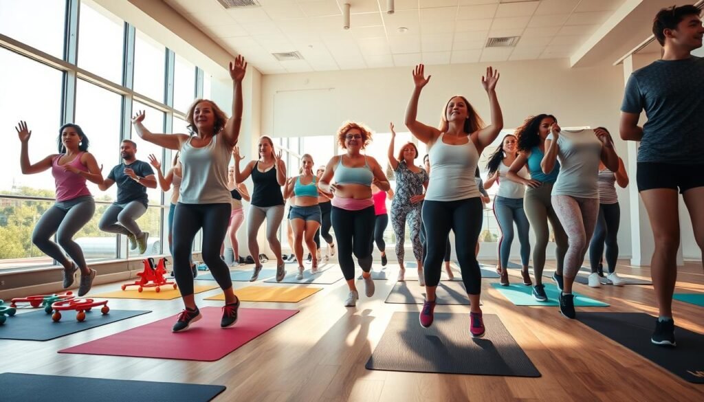 A bright, energetic gym environment filled with natural light. In the foreground, a diverse group of people in modest athletic wear is engaged in various aerobic exercises, including jumping jacks, high knees, and dance steps, showcasing their enthusiasm and determination. The middle layer features exercise mats and colorful workout equipment scattered around, enhancing the atmosphere of activity and health. In the background, large windows reveal an outdoor view, hinting at a sunny day. The image is shot from a low angle to emphasize the participants' movements and create a dynamic perspective. The overall mood is invigorating and motivational, inspiring viewers to boost their physical activity levels while focusing on weight loss through aerobic exercises. A bright, energetic gym environment filled with natural light. In the foreground, a diverse group of people in modest athletic wear is engaged in various aerobic exercises, including jumping jacks, high knees, and dance steps, showcasing their enthusiasm and determination. The middle layer features exercise mats and colorful workout equipment scattered around, enhancing the atmosphere of activity and health. In the background, large windows reveal an outdoor view, hinting at a sunny day. The image is shot from a low angle to emphasize the participants' movements and create a dynamic perspective. The overall mood is invigorating and motivational, inspiring viewers to boost their physical activity levels while focusing on weight loss through aerobic exercises.