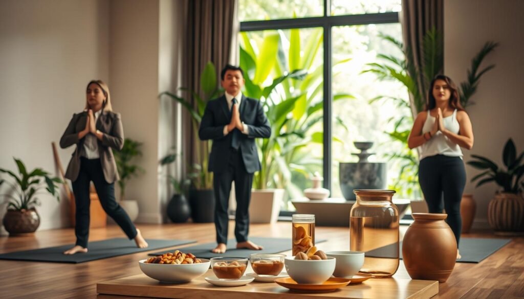 A serene and inviting wellness space showcasing stress reduction techniques for slimming. In the foreground, a diverse group of three people in professional business attire practicing yoga, demonstrating deep breathing and meditation techniques. The middle features a small table with a variety of healthy snacks like fruits and nuts, alongside a calming herbal tea setup. The background reveals a window with soft, natural light pouring in, illuminating lush green plants and a tranquil water feature. The atmosphere is peaceful and rejuvenating, conveying a sense of relaxation and focus on healthy living, captured with a wide-angle lens to emphasize the open space and warm, inviting colors. A serene and inviting wellness space showcasing stress reduction techniques for slimming. In the foreground, a diverse group of three people in professional business attire practicing yoga, demonstrating deep breathing and meditation techniques. The middle features a small table with a variety of healthy snacks like fruits and nuts, alongside a calming herbal tea setup. The background reveals a window with soft, natural light pouring in, illuminating lush green plants and a tranquil water feature. The atmosphere is peaceful and rejuvenating, conveying a sense of relaxation and focus on healthy living, captured with a wide-angle lens to emphasize the open space and warm, inviting colors.